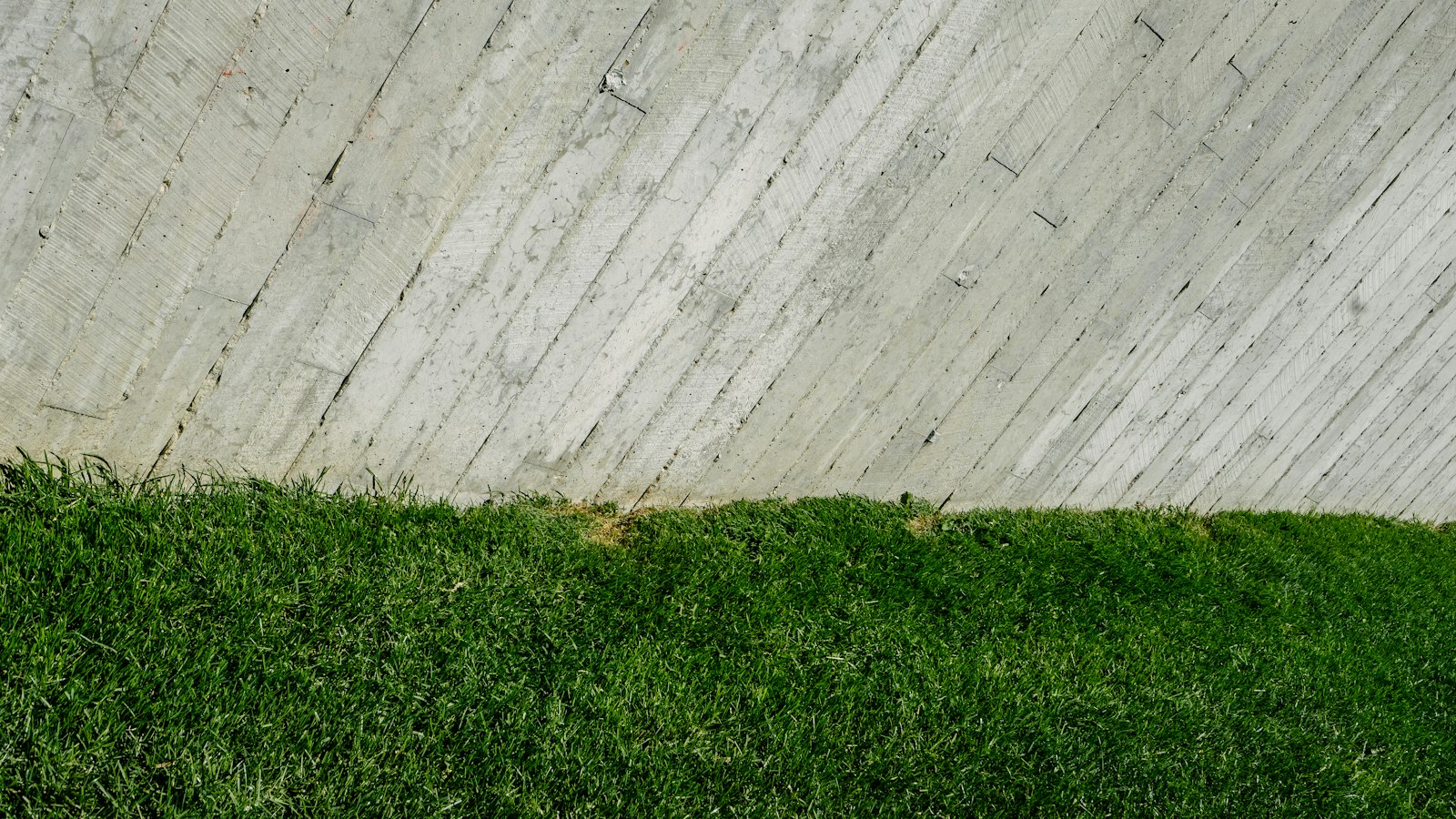 A poured concrete wall rising straight out of a thick mown green lawn, the turf meeting the flat vertical face along a clean line with no gap